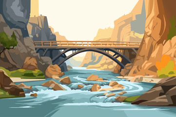 Wall Mural - Background with high rocks with a bridge between them in the flat cartoon design. A stormy river with rapids flows between rocks connected by a bridge. Vector illustration.