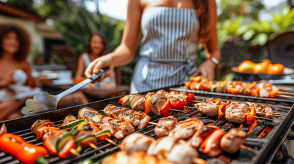 A woman is grilling skewers with meat and vegetables on a barbecue grill at an outdoor gathering.