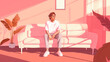 Homem sentado no sofá de sua casa com cores rosa - Ilustração