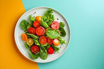 Wall Mural - Vibrant Overhead View of a Colorful Salad Plate with Fresh Greens and Tomatoes in a Modern Minimalist Food Photography Style