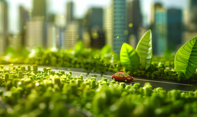 Ecology concept with green eco city on nature background