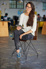 Poster - Tablet, chair and portrait of business Asian woman for online research, website news and internet. Office, creative startup and person on digital tech for networking, typing email and communication