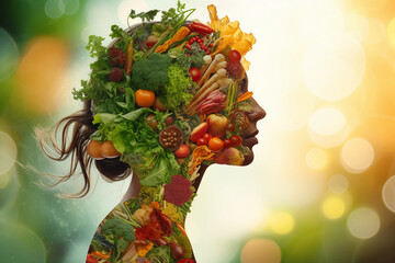 Poster - Image of woman silhouette made from fruit and vegetables healthy nutrition concept ai generative