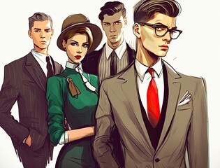 Business people, fashion illustration, cartoon style.