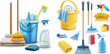 Realistic 3d home cleaning tools, brooms, mop and bucket