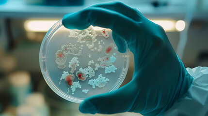 Wall Mural - A gloved hand holds a petri dish with a bacterial culture. An agar plate full of microbacteria and microorganisms