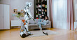 © ihorvsn - Futuristic cyborg using vacuum cleaner while woman in casual wear lying on comfy sofa and talking on smartphone at home. Concept of robot and human cooperation.