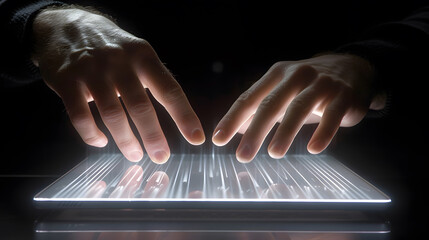 Poster - A woman working in an office, holding a tablet and a computer, with close-up of hands typing on screen
