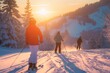A line of skiers descends a snowy trail, surrounded by frosty trees, as the setting sun casts a brilliant flare across the crisp winter sky.