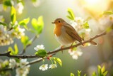 Fototapeta  - European robin perched on a branch in spring nature