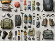 A collection of camping gear and accessories, including backpacks, tents, and hiking boots. Concept of adventure and outdoor exploration