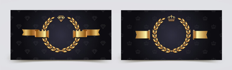 Wall Mural - VIP golden invitation template design with gold crown, diamond, laurel wreath and ribbon on a black background. Vector illustration.