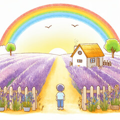 Canvas Print - Landscape crayon children's drawing of a hilly field full of lavender with trees, house, rainbow