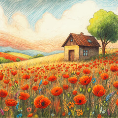 Poster - Landscape crayon children's drawing of a hilly field full of poppies with house