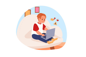 Poster - dangers for kids concept with people scene in flat cartoon design. the boy sits at the computer and 