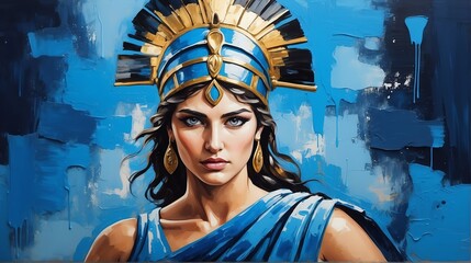 greek goddess athena portrait blue theme oil pallet knife paint painting on canvas with large brush strokes modern art from Generative AI