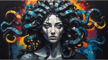 Medusa Portrait Black Theme Oil Pallet Knife Paint Painting On Canvas With Large Brush Strokes Modern Art Illustration Abstract From Generative AI
