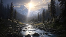 Mountain Sunrise And Sunset: A Breathtaking Panorama Of Snowy Peaks, Towering Trees, And A Tranquil River Under The Changing Hues Of Dawn And Dusk