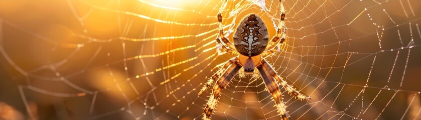 Intricate Golden Spider Webs Glimmering in the Morning Sun Trapping and Refracting the Radiant Light in a Mesmerizing Display of Nature s Ethereal