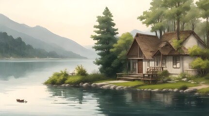 Wall Mural - Landscape with lake and trees of a house in the mist morning fog