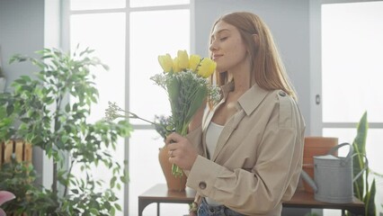 Poster - A serene woman enjoys the scent of fresh tulips in a sunlit room surrounded by plants.