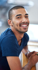 Aufkleber - Smile, office and portrait of business man for startup career, job or working in design agency. Professional, creative company and face of person at desk with confidence, pride and happy in workplace