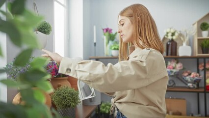 Sticker - A young woman tending to indoor plants in a brightly lit room, evoking a serene and natural atmosphere.