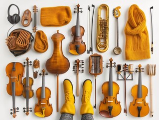 A collection of musical instruments and accessories, including violins, cellos, and a tambourine, arranged in a pattern on a white background. Concept of creativity and artistic expression