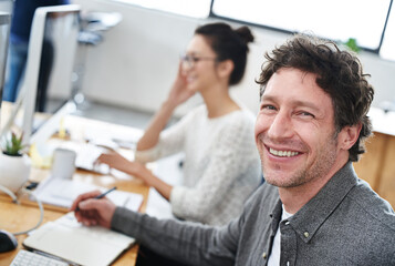 Aufkleber - Portrait, man and teamwork in office for planning with monitor, colleagues and work. Happy male person, collaboration and technology in workplace with meeting, development and cooperation for success
