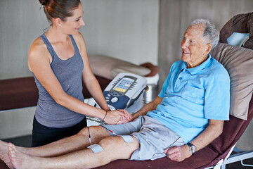 Poster - Happy woman, physiotherapist and senior patient with elderly care for monitoring health or wellness at clinic. Female person or practitioner helping mature man with smile for medical support or trust