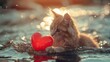 Adorable little cat playing with heart formed swell