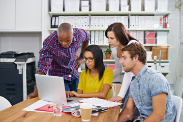 Poster - Team, diversity and designers with office, discussion and support for project collaboration. Entrepreneurs, teamwork and professional creativity with computer, technology and startup for workforce