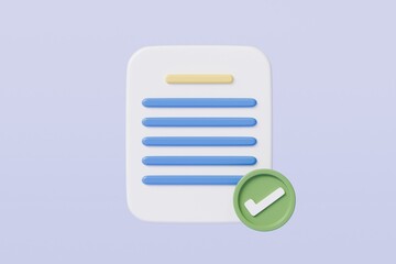 Aufkleber - 3D Minimal Business documents note paper with checkmark or tick mark icon. Sheets of paper. Approved document concept. Minimal Cartoon design isolated on purple background. 3d rendering illustration.