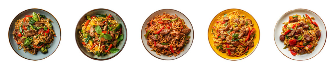 Wall Mural - Collection of top view plate of fried noodles with meats and vegetables isolated on a transparent background, PNG