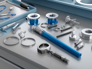 a blue and silver tool set is on a table. the tools include a pair of pliers, a screwdriver, and a w