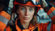 Close-up portrait of a mid-adult female first responder with serious expression, taking off her safety helmet after an operation