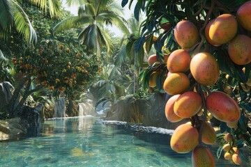 Wall Mural - a beautiful view fresh sweat yellow ripe mangoes on trees in a natural environment with a lake in summer