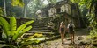 Two tourists exploring ancient ruins in a jungle setting.