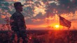 Memorial, patriots day, US national holiday. American soldier at sunset, 