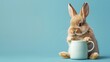 charming fleecy rabbit holding a white restorative jug blue background