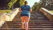 Weight loss - Back view of a overweight fat woman running up the stairs in the summer city park. Sport and fitness lifestyle concept