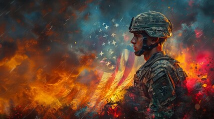 Wall Mural - Memorial, patriots day, US national holiday. American soldier at sunset, 