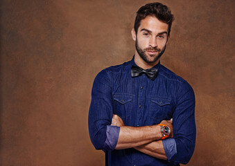 Leinwandbilder - Smile, fashion and portrait for male person, studio and pose with casual clothing on background. Confidence, stylish and employee or worker man model, professional or business and trendy outfit
