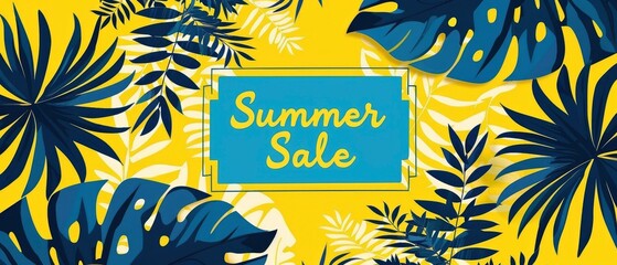 summer sale banner template with yellow and blue colour, palm tree silhouette on background, special offer