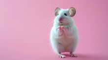 Charming White Mouse Singing With Mouthpiece On Pink Background