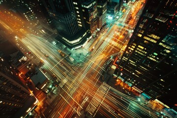 Wall Mural - A bustling city intersection at night, with streams of traffic creating streaks of light as cars move through the streets