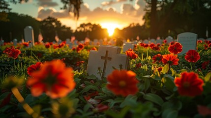 Poster - Memorial day, US national holiday. American military cemetery at sunset, 