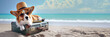 Corgi dog with a straw hat, sunglasses and a suitcase at the beach, panoramic summer travel with a pet cweb banner