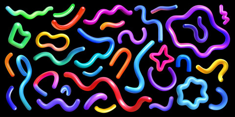 Collection of various 3D vector lines of various colors. Wavy lines, straight lines, star lines, circle connected lines, gradient lines.