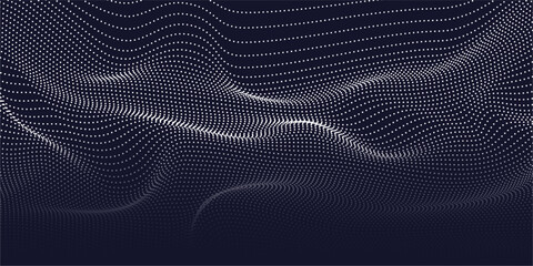 Wall Mural - flowing particles dots, wave pattern curve halftone shape isolated on dark background. vector backgr